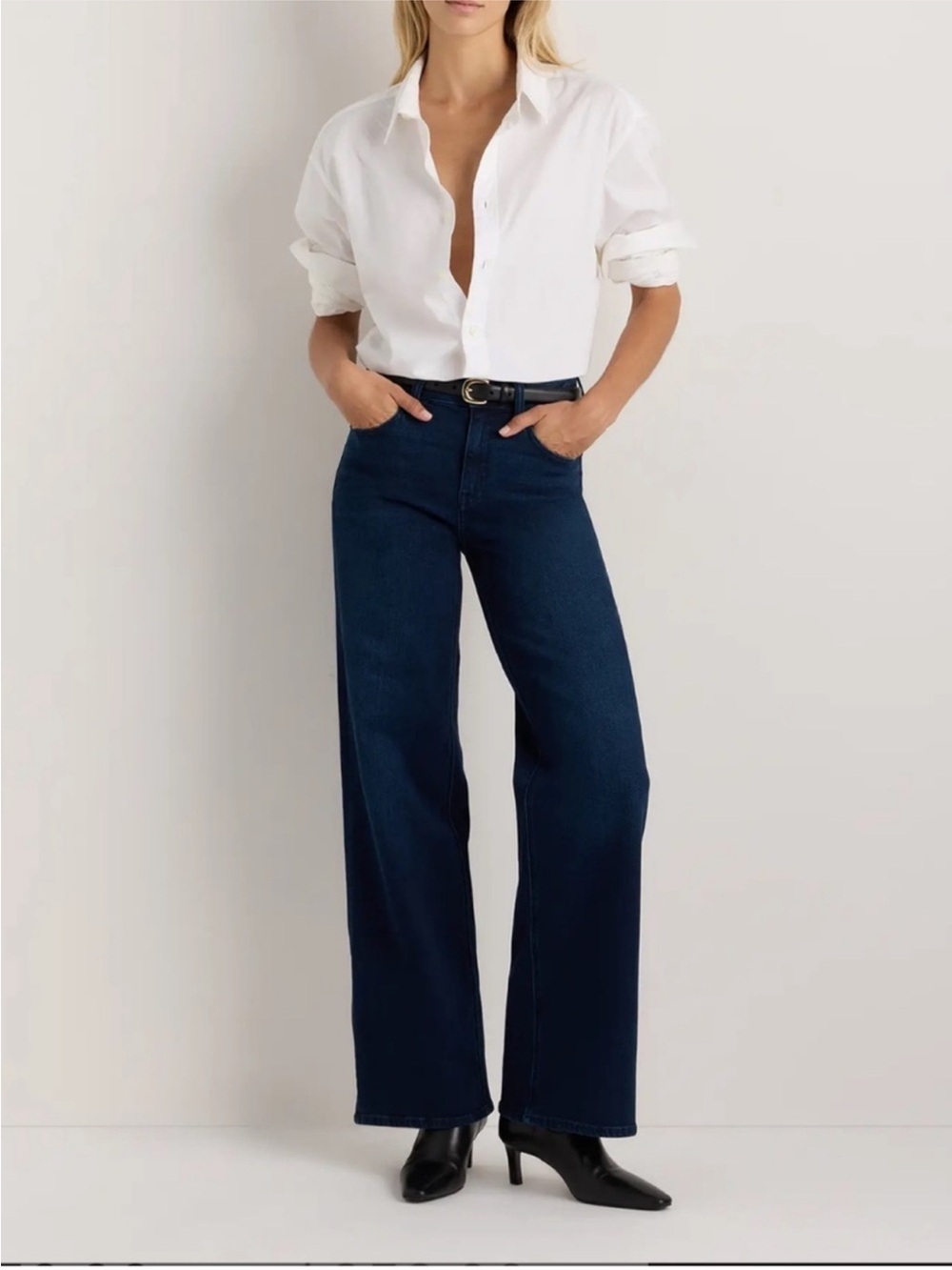 Quince Women's Deep Rinse Blue Bella Stretch Wide leg Jeans 30x30